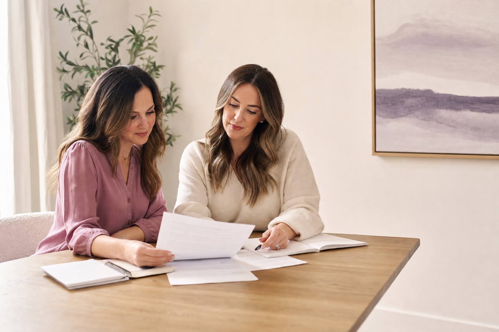 Two sisters reviewing billing paperwork together at a table